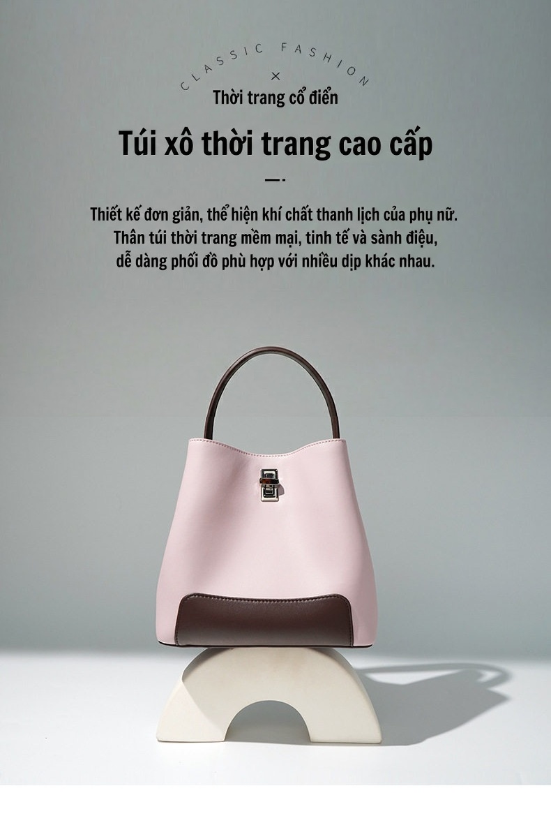 Túi Xách Tay Nữ Da Thật Phối Màu Đeo Vai Đeo Chéo Dáng Bucket Công Sở Màu Trắng Kem, Hồng, Nâu, Xanh... chi tiết 1