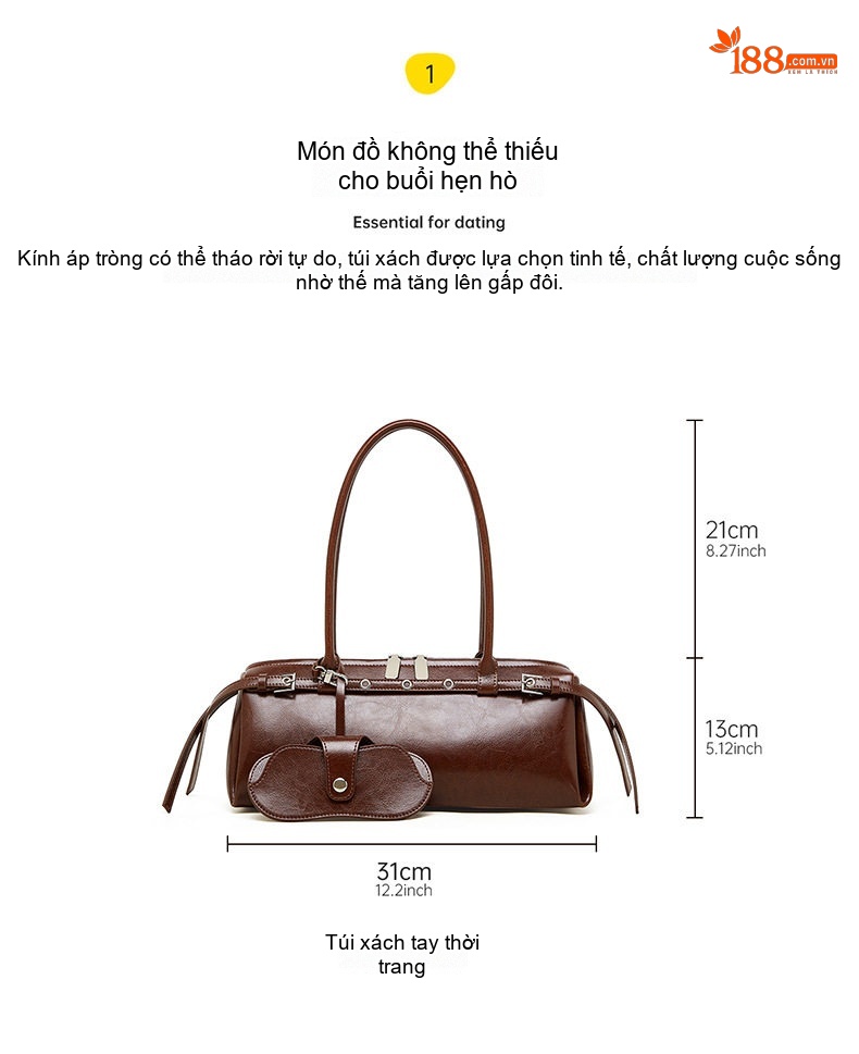 Túi Xách Tay Nữ Da Thật Phong Cách Retro Vintage Kiểu Dáng Bánh Mì Màu Nâu, Đen chi tiết 7