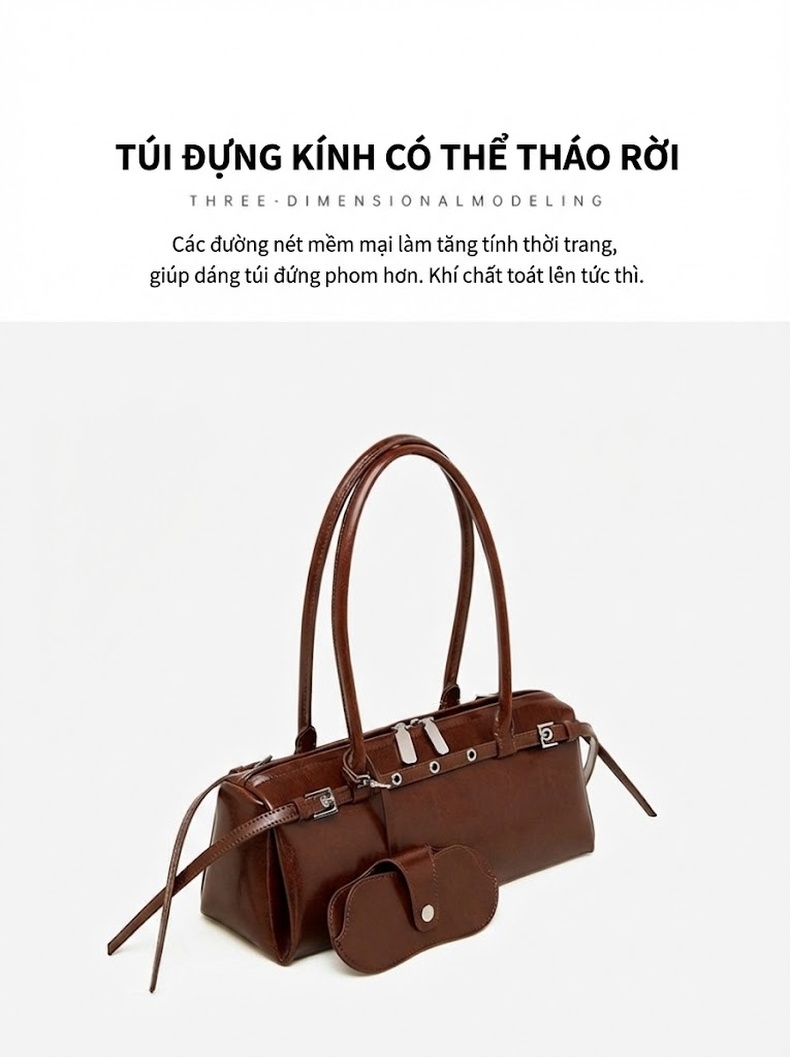 Túi Xách Tay Nữ Da Thật Phong Cách Retro Vintage Kiểu Dáng Bánh Mì Màu Nâu, Đen chi tiết 9