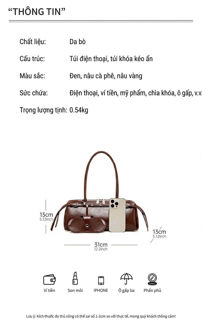 Túi Xách Tay Nữ Da Thật Phong Cách Retro Vintage Kiểu Dáng Bánh Mì Màu Nâu, Đen chi tiết 4