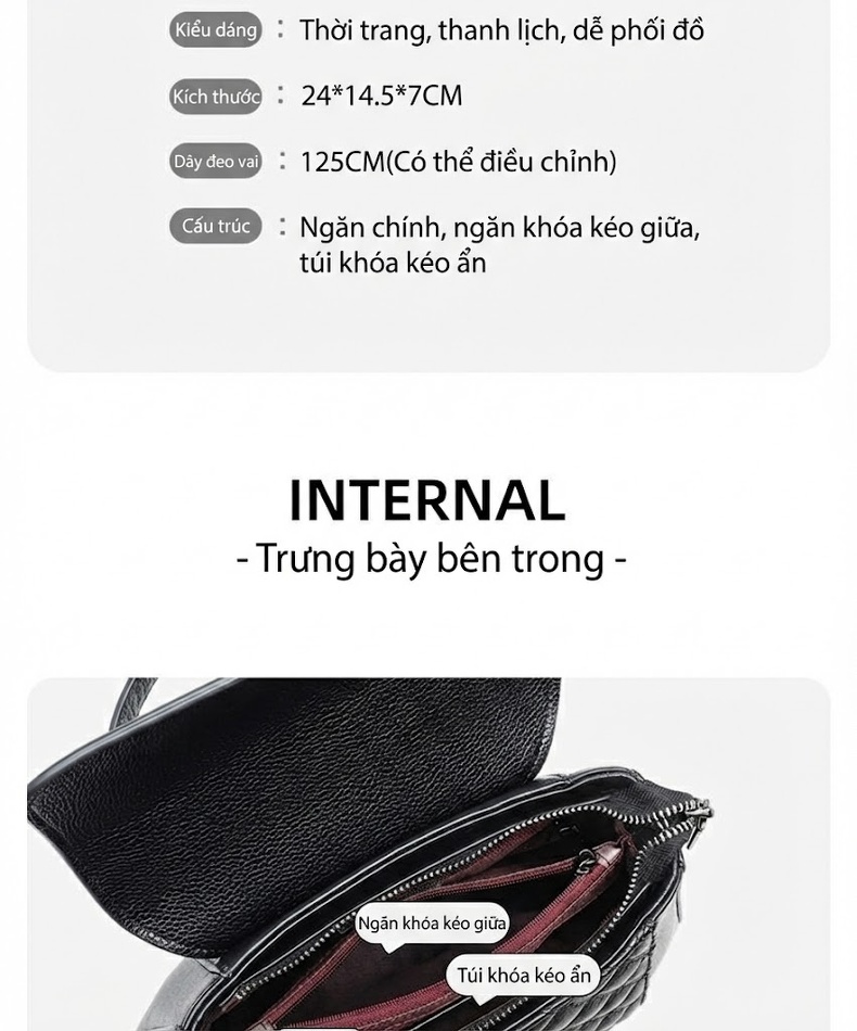 Túi Xách Tay Nữ Da Thật Quai Xách và Đeo Chéo Chần Trám Cao Cấp Màu Đen chi tiết 5