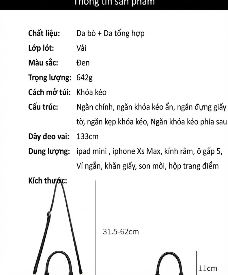 Túi Xách Tay Nữ Da Thật Sức Chứa Lớn Đeo Chéo Đeo Vai Dáng Gối Boston Màu Đen chi tiết 2