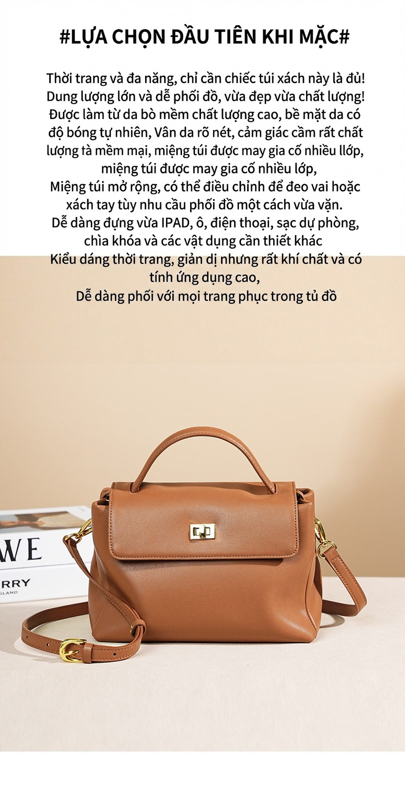 Túi Xách Tay Nữ Da Thật Sức Chứa Lớn Đeo Vai, Đeo Chéo Màu Nâu chi tiết 5