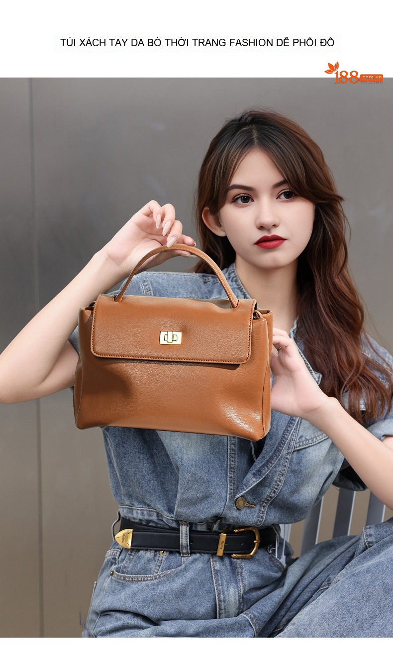 Túi Xách Tay Nữ Da Thật Sức Chứa Lớn Đeo Vai, Đeo Chéo Màu Nâu chi tiết 2