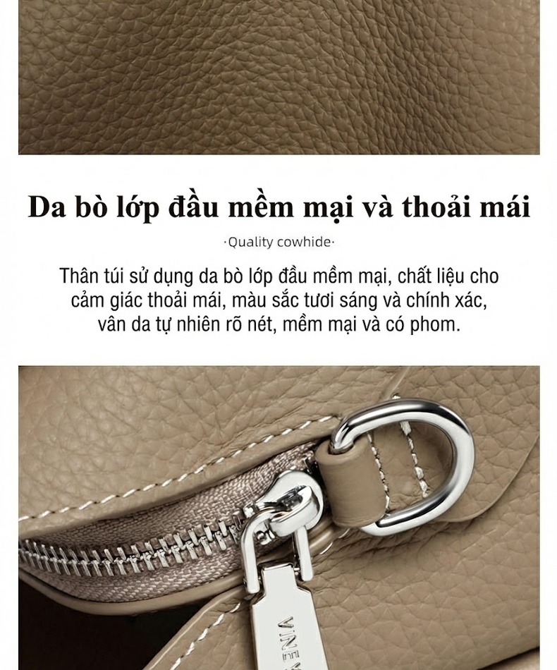 Túi Xách Tay Nữ Da Thật Sức Chứa Lớn Kiểu Túi Bucket Màu Be chi tiết 10