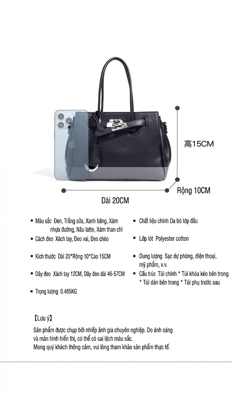 Túi Xách Tay Nữ Da Thật Thiết Kế Nhỏ Gọn Đựng Vừa A4 Màu Đen, Nâu chi tiết 6