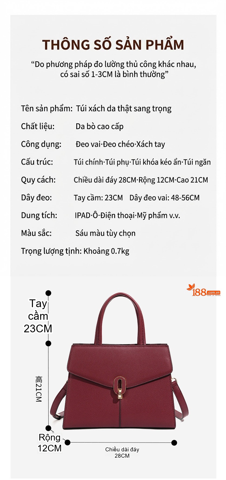 Túi Xách Tay Nữ Da Thật Thiết Kế Thanh Lịch Màu Đỏ, Nâu, Kem, Xanh... chi tiết 3