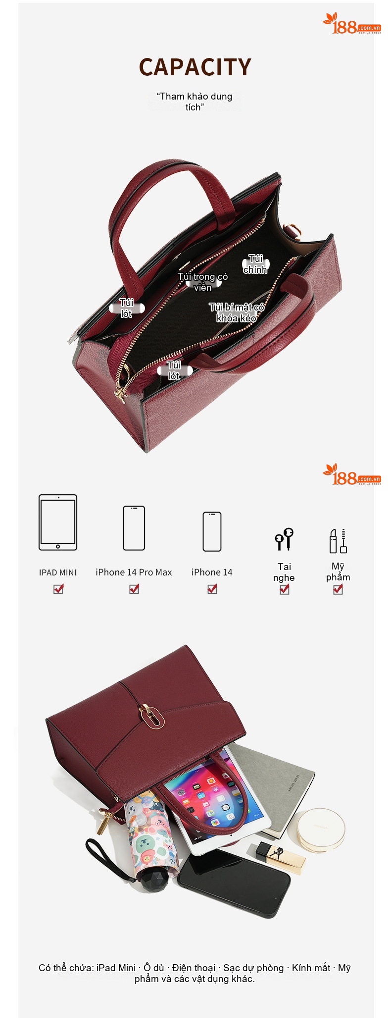 Túi Xách Tay Nữ Da Thật Thiết Kế Thanh Lịch Màu Đỏ, Nâu, Kem, Xanh... chi tiết 4