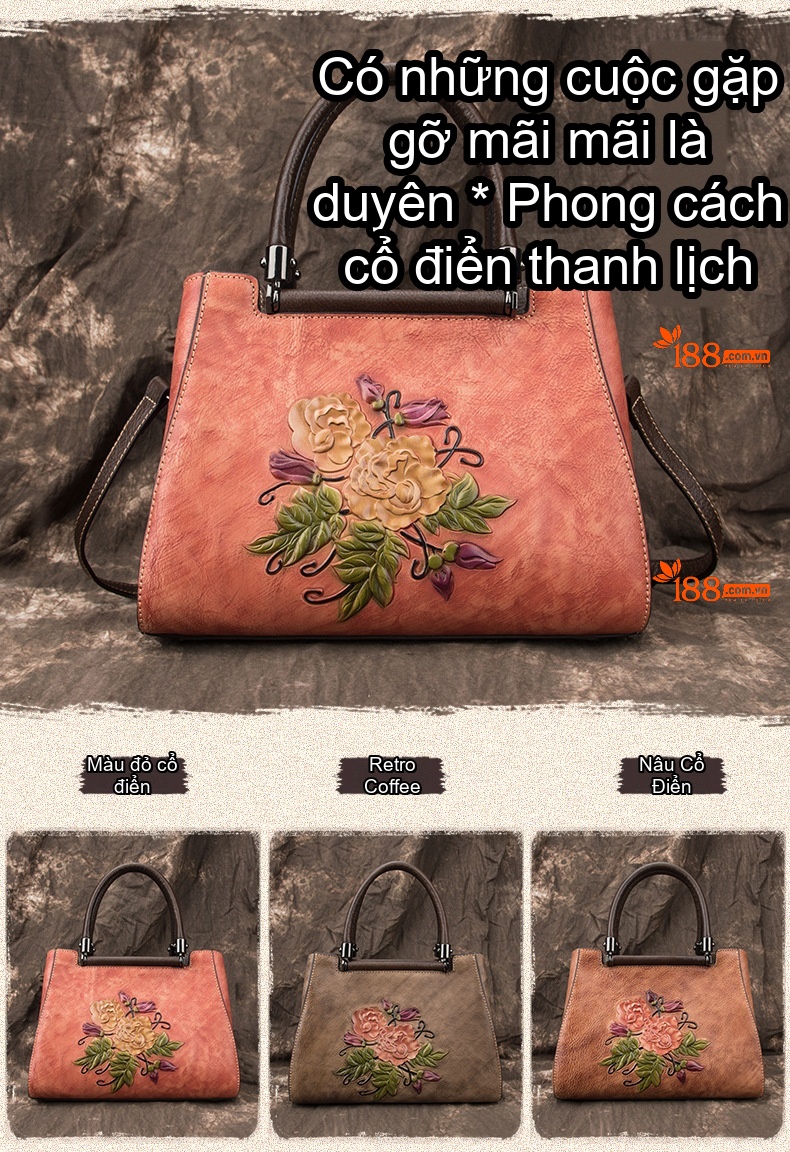 Túi Xách Tay Nữ Da Thật Thủ Công Khắc Hoa Phong Cách Âu Mỹ Màu Nâu Đỏ chi tiết 1