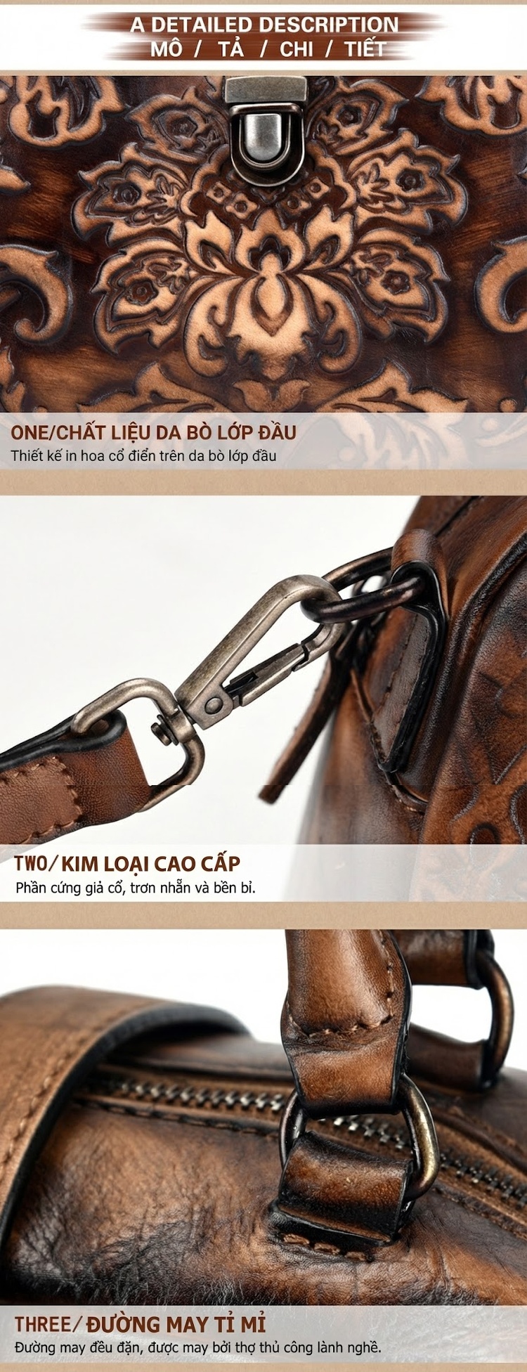 Túi Xách Tay Nữ Da Thật Thủ Công Khắc Hoa Văn Vintage Màu Nâu chi tiết 14