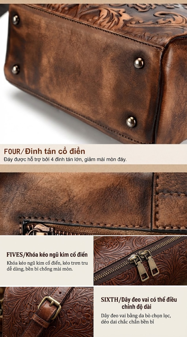 Túi Xách Tay Nữ Da Thật Thủ Công Khắc Hoa Văn Vintage Màu Nâu chi tiết 15