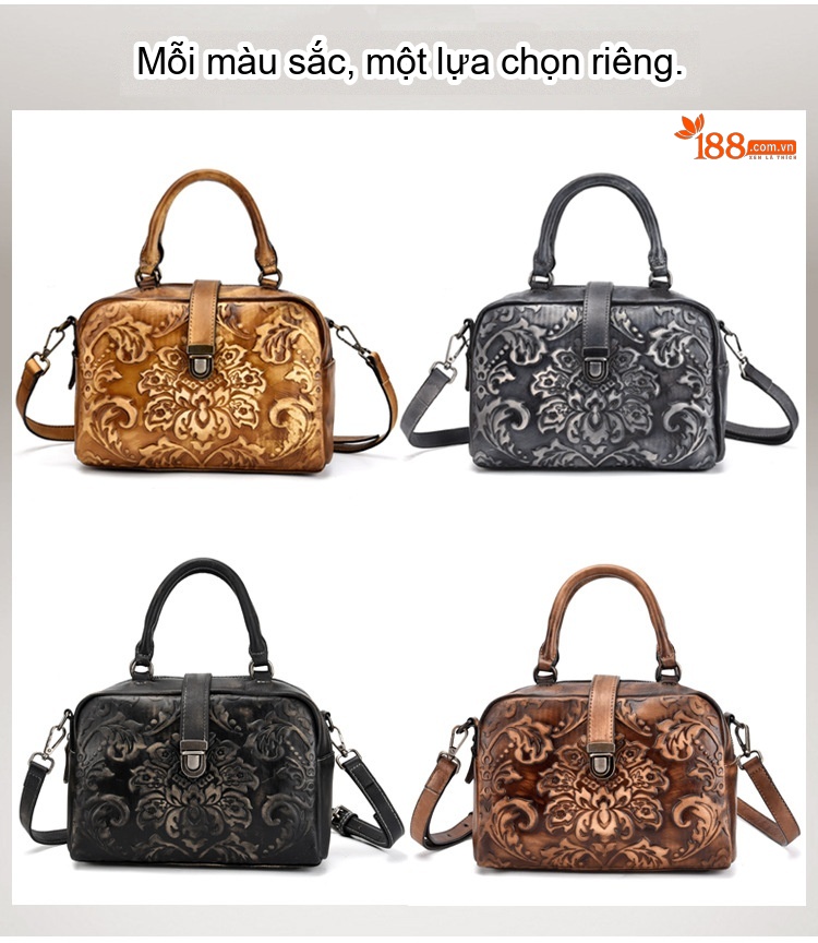 Túi Xách Tay Nữ Da Thật Thủ Công Khắc Hoa Văn Vintage Màu Nâu chi tiết 2