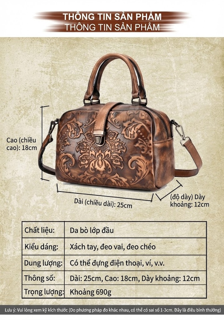 Túi Xách Tay Nữ Da Thật Thủ Công Khắc Hoa Văn Vintage Màu Nâu chi tiết 3