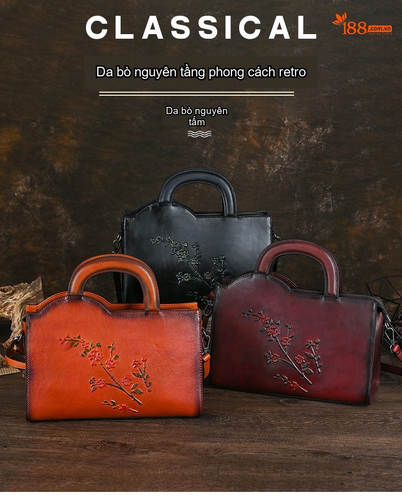 Túi Xách Tay Nữ Da Thật Vintage Đeo Vai, Đeo Chéo, Cỡ Lớn, Thiết Kế Hoa Văn chi tiết 1