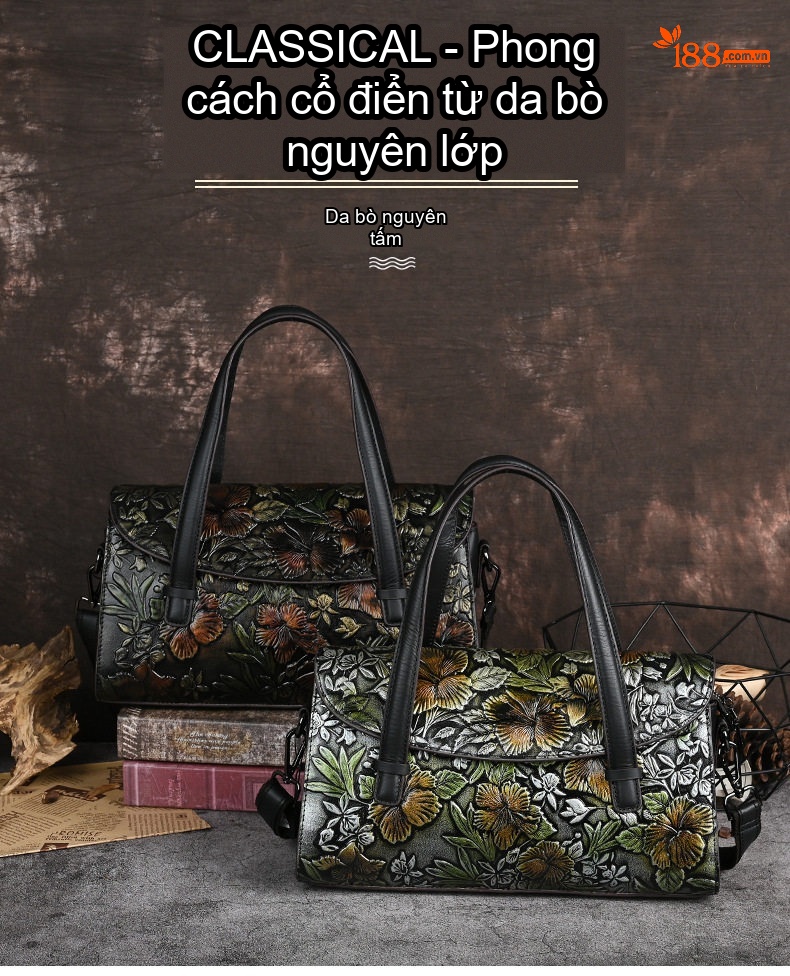Túi Xách Tay Nữ Da Thật Vintage Đeo Vai Đeo Chéo Họa Tiết Hoa chi tiết 1