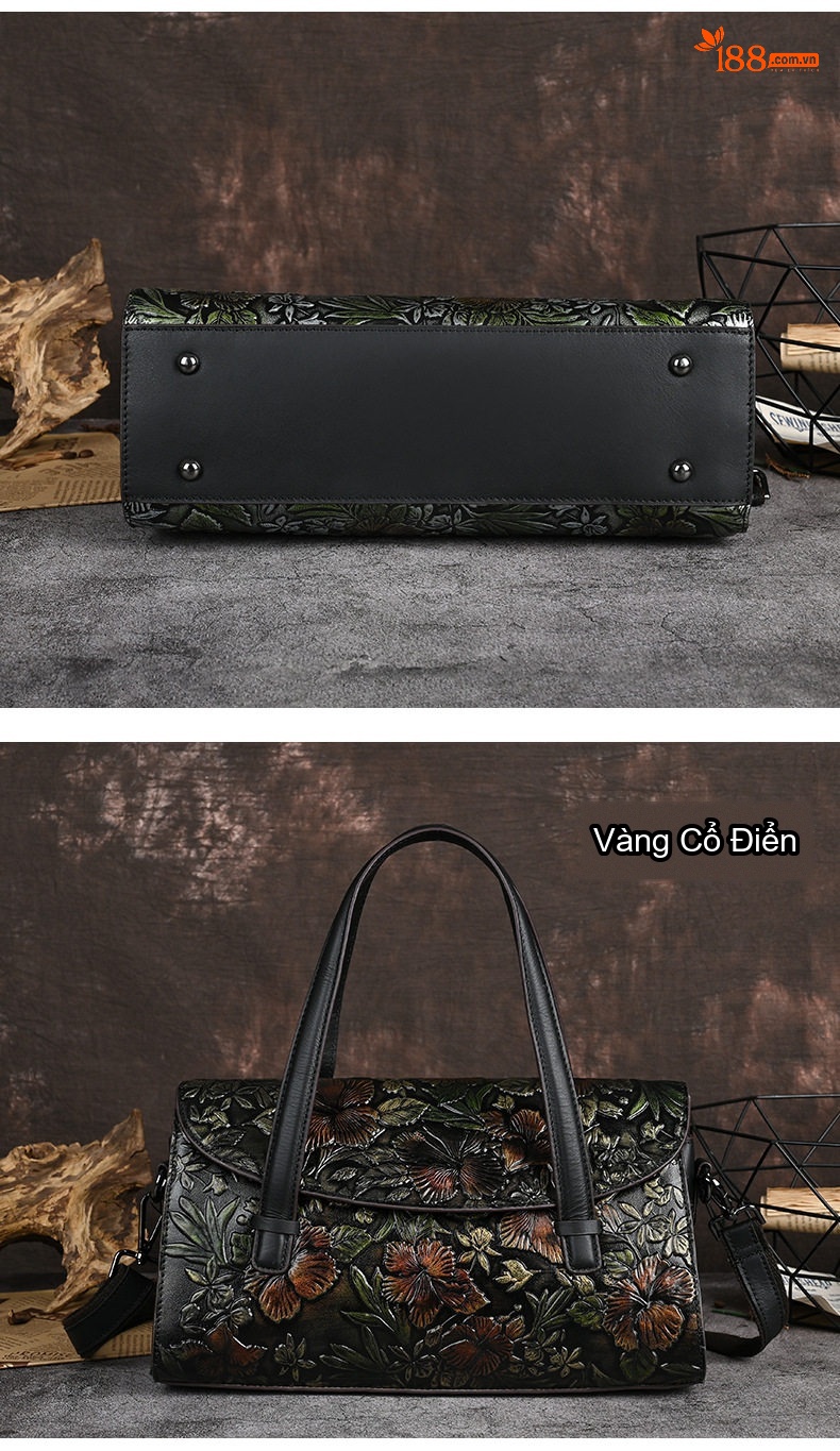 Túi Xách Tay Nữ Da Thật Vintage Đeo Vai Đeo Chéo Họa Tiết Hoa chi tiết 6