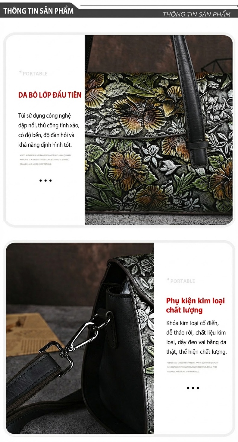 Túi Xách Tay Nữ Da Thật Vintage Đeo Vai Đeo Chéo Họa Tiết Hoa chi tiết 10