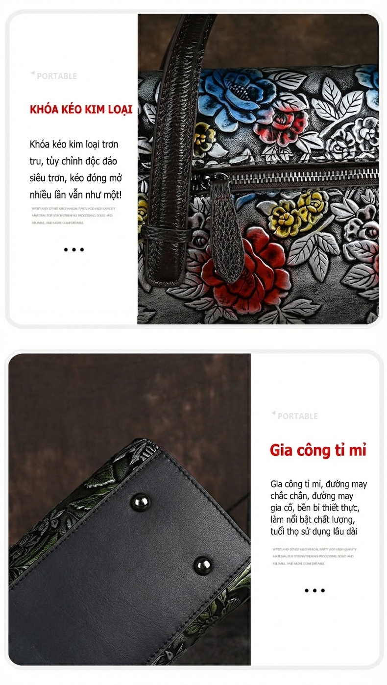 Túi Xách Tay Nữ Da Thật Vintage Đeo Vai Đeo Chéo Họa Tiết Hoa chi tiết 11