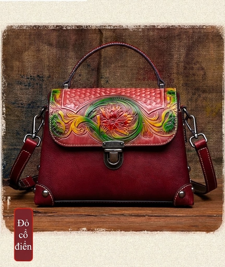 Túi Xách Tay Nữ Da Thật Vintage Khắc Họa Tiết Thủ Công Màu Nâu Đỏ, Đen, Vàng chi tiết 5