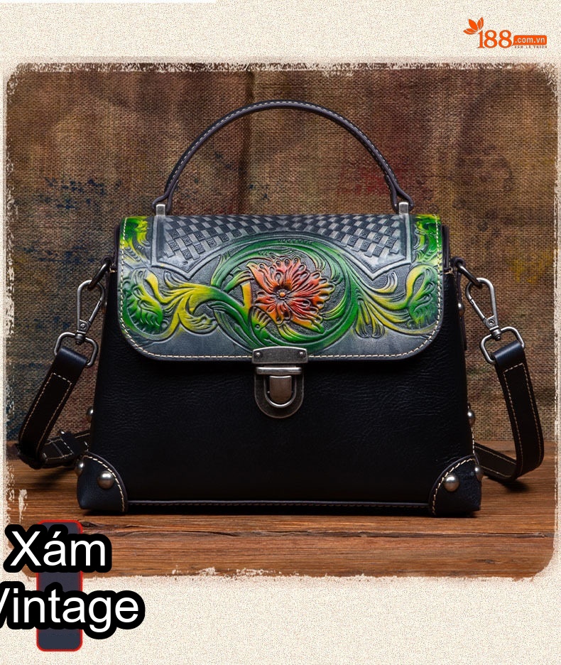 Túi Xách Tay Nữ Da Thật Vintage Khắc Họa Tiết Thủ Công Màu Nâu Đỏ, Đen, Vàng chi tiết 6