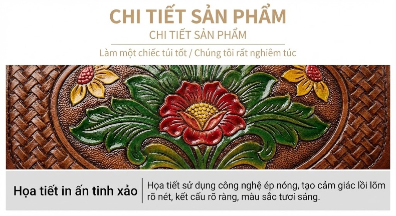 Túi Xách Tay Nữ Da Thật Vintage Khắc Họa Tiết Thủ Công Màu Nâu Đỏ, Đen, Vàng chi tiết 13
