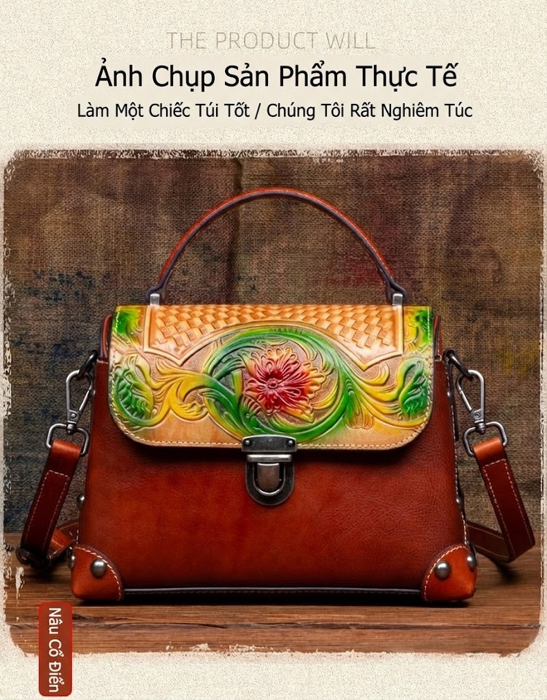 Túi Xách Tay Nữ Da Thật Vintage Khắc Họa Tiết Thủ Công Màu Nâu Đỏ, Đen, Vàng chi tiết 4