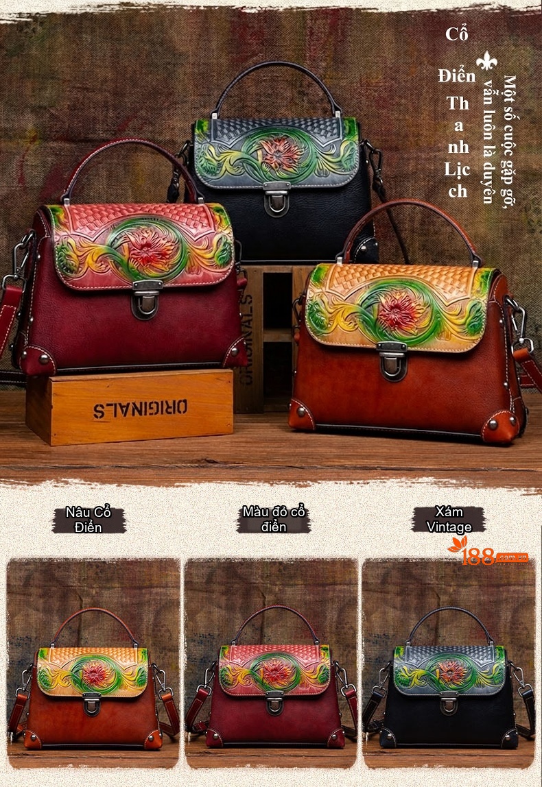 Túi Xách Tay Nữ Da Thật Vintage Khắc Họa Tiết Thủ Công Màu Nâu Đỏ, Đen, Vàng chi tiết 1