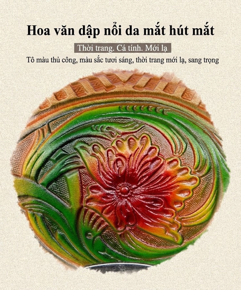 Túi Xách Tay Nữ Da Thật Vintage Khắc Họa Tiết Thủ Công Màu Nâu Đỏ, Đen, Vàng chi tiết 2