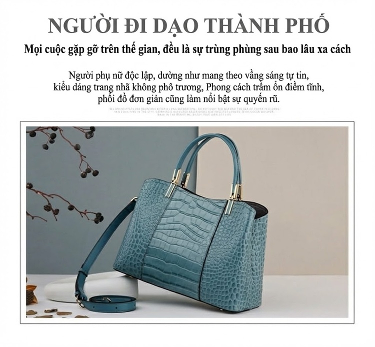Túi Xách Tay Nữ Da Vân Cá Sấu Form Lớn Đeo Vai, Đeo Chéo Màu Xanh chi tiết 4