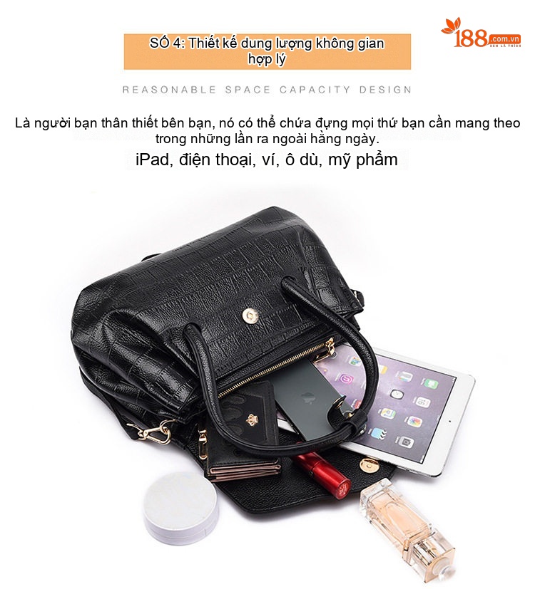 Túi Xách Tay Nữ Da Vân Cá Sấu, Túi Tote Lớn Đeo Vai, Đeo Chéo Màu Đen chi tiết 9
