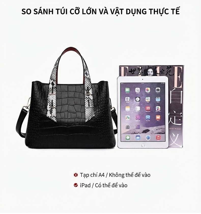 Túi Xách Tay Nữ Da Vân Rắn Lớn Thời Trang Công Sở Cao Cấp Màu Đen chi tiết 13