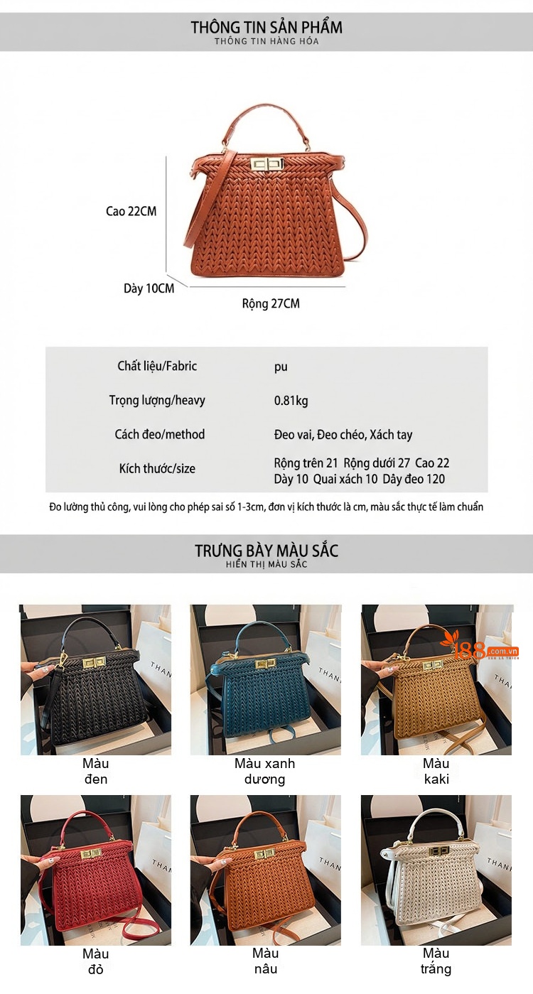 Túi Xách Tay Nữ Đan Dệt Thời Trang Cao Cấp, Túi Đeo Chéo Công Sở Dung Tích Lớn Màu Nâu, Đỏ, Đen chi tiết 3