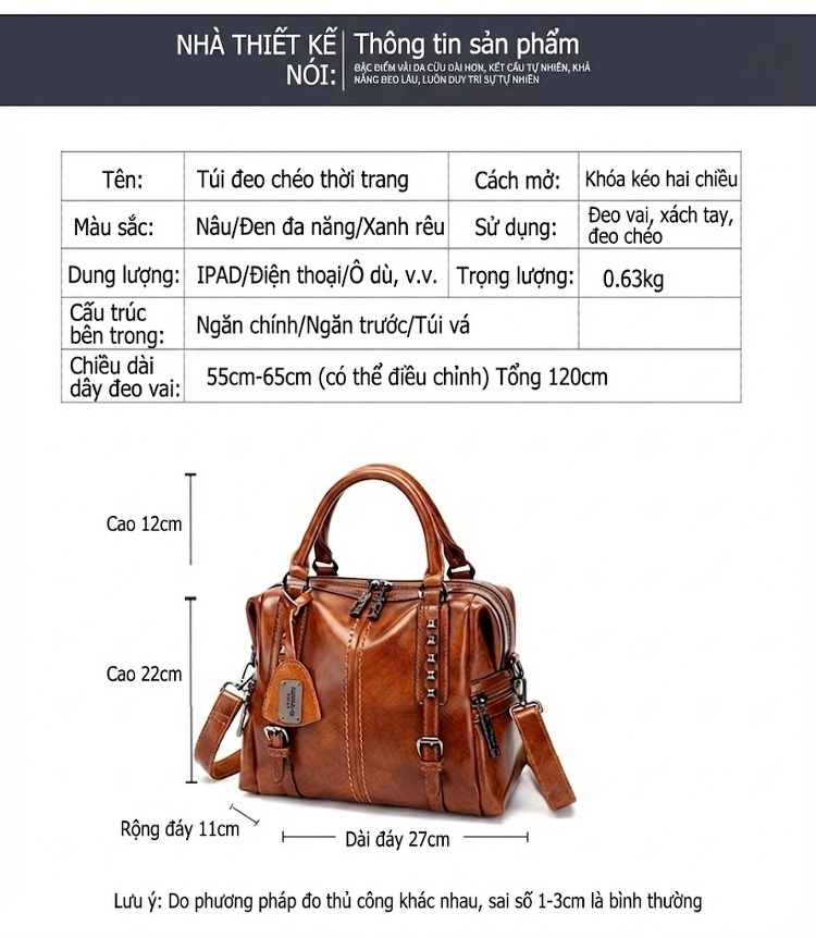 Túi Xách Tay Nữ Dáng Gối Da Bóng Lớn Phong Cách Âu Mỹ Màu Nâu, Đen chi tiết 20