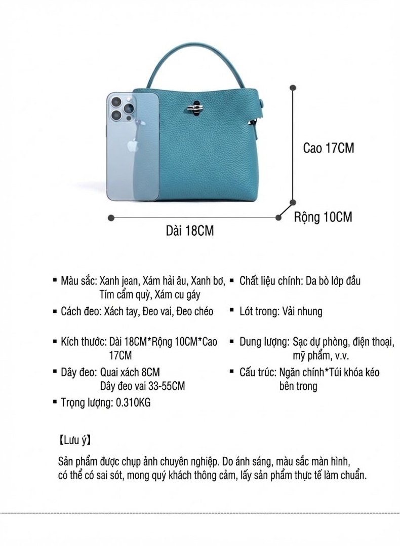 Túi Xách Tay Nữ Dáng Trống Tiểu Thư Phong Cách Hàn Quốc Da Mờ Màu Xanh, Xám, Hồng chi tiết 7