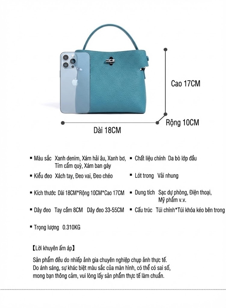 Túi Xách Tay Nữ Dáng Trống Tiểu Thư Phong Cách Hàn Quốc Da Mờ Màu Xanh, Xám, Hồng chi tiết 31