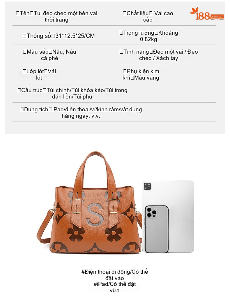 Túi Xách Tay Nữ Dập Nổi Họa Tiết Túi Đeo Chéo Nữ Thời Trang Túi Tote Công Sở Đựng Được Nhiều Đồ Màu Nâu chi tiết 5