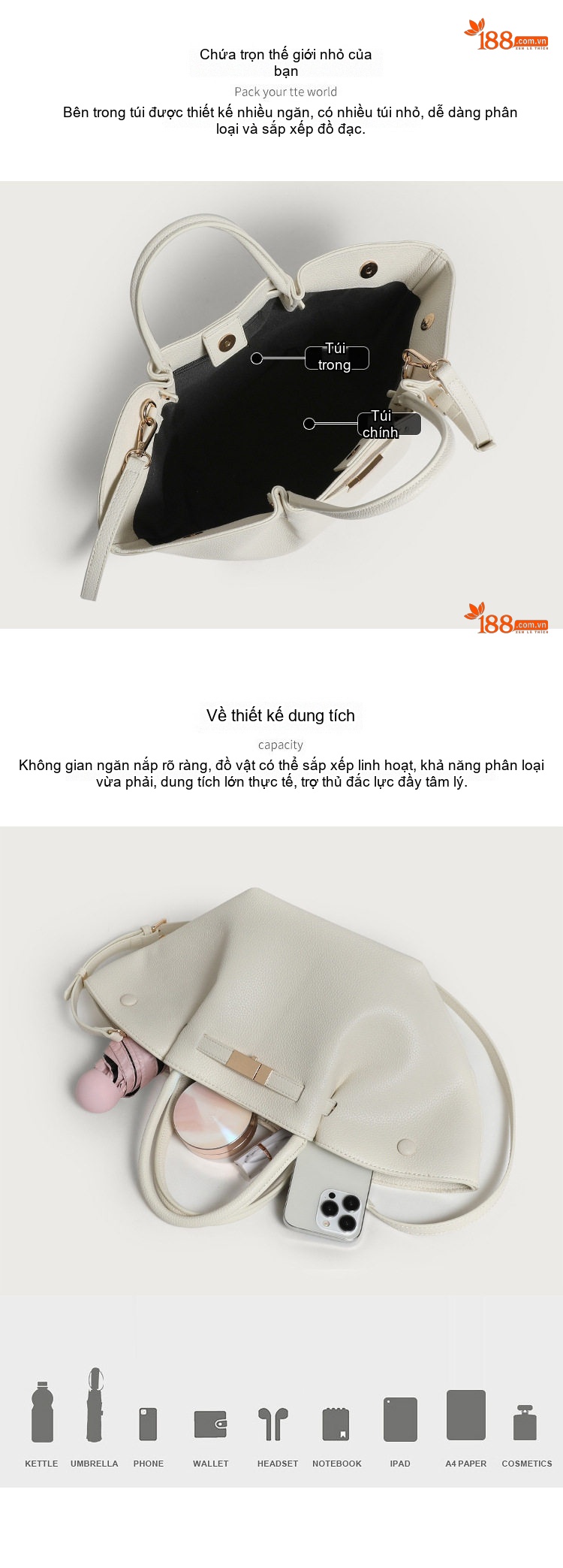 Túi Xách Tay Nữ Demellier Cánh Dơi Da Bóng Sức Chứa Lớn Phong Cách Âu Mỹ Màu Trắng chi tiết 4