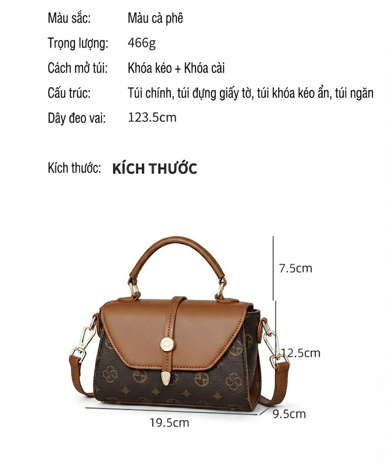 Túi Xách Tay Nữ Đeo Chéo Đeo Vai Họa Tiết Thời Trang Màu Nâu chi tiết 3