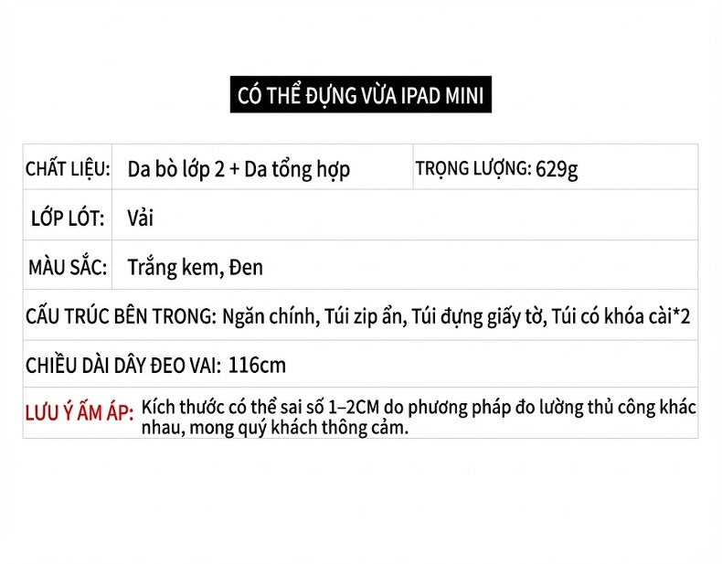 Túi Xách Tay Nữ Đeo Vai Da Mờ Dung Tích Lớn Phong Cách Thời Trang Màu Trắng Kem, Đen chi tiết 10