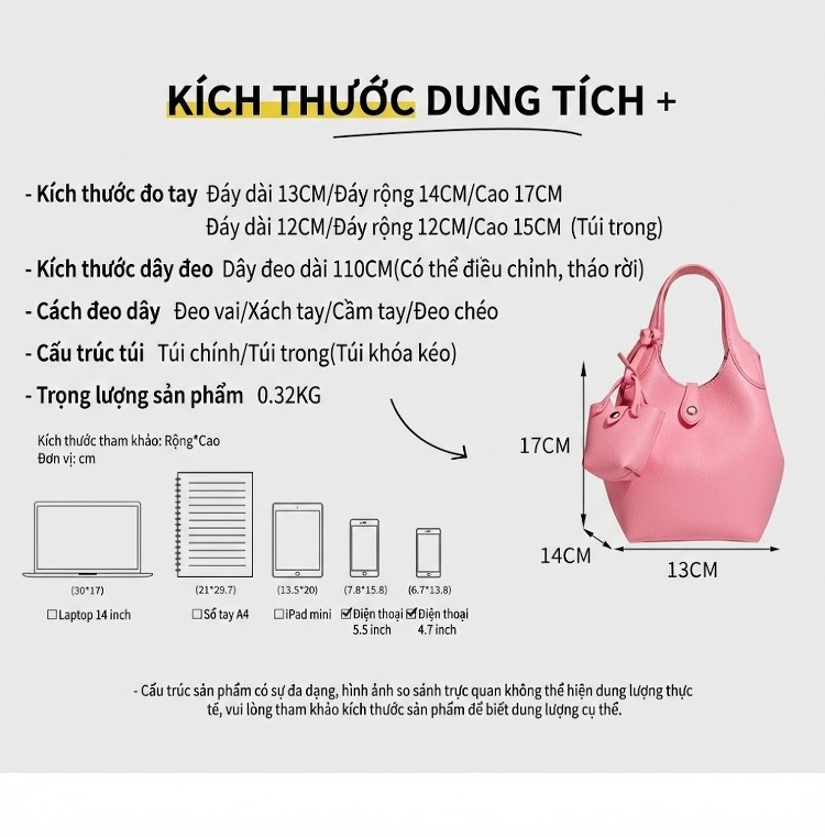 Túi Xách Tay Nữ Đeo Vai Kiểu Túi Bucket Kèm Túi Nhỏ Da Bóng Màu Hồng, Vàng, Trắng... chi tiết 2