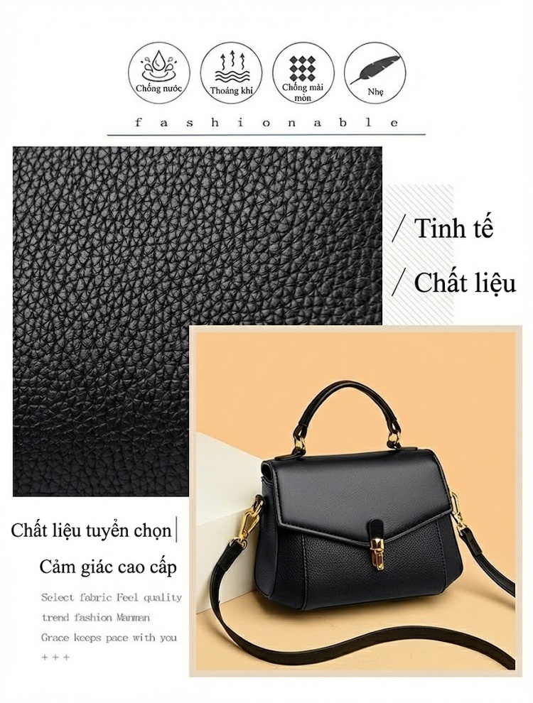 Túi Xách Tay Nữ Đeo Vai Thời Trang Da Mờ Đeo Chéo Hàng Quảng Châu Màu Be, Đen chi tiết 6