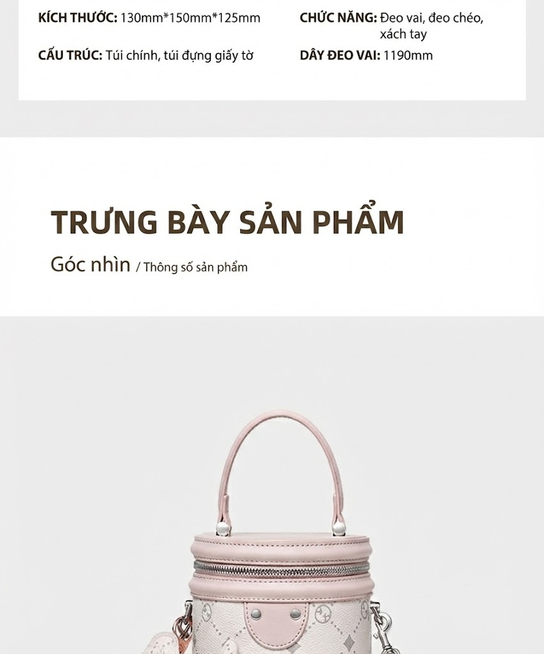 Túi Xách Tay Nữ Hình Trống Da Bóng Thời Trang Đeo Vai, Đeo Chéo Màu Trắng, Hồng chi tiết 14
