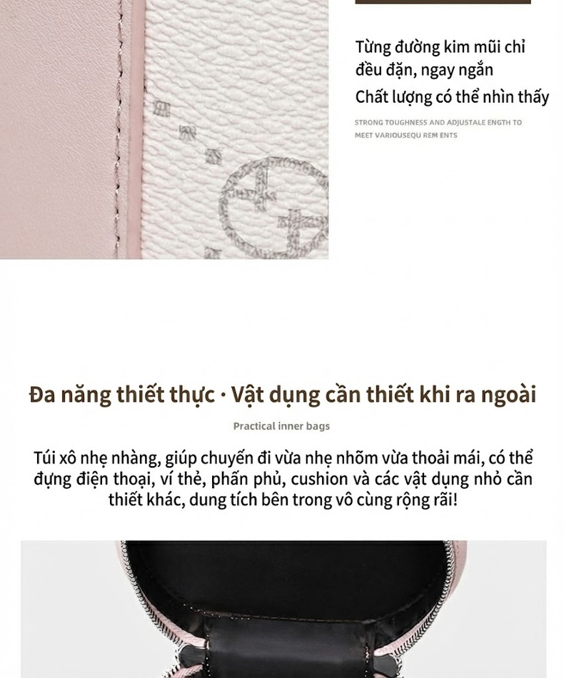 Túi Xách Tay Nữ Hình Trống Da Bóng Thời Trang Đeo Vai, Đeo Chéo Màu Trắng, Hồng chi tiết 10