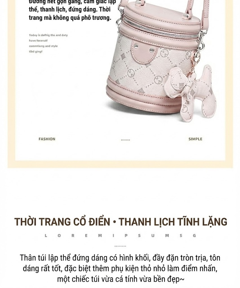 Túi Xách Tay Nữ Hình Trống Da Bóng Thời Trang Đeo Vai, Đeo Chéo Màu Trắng, Hồng chi tiết 5