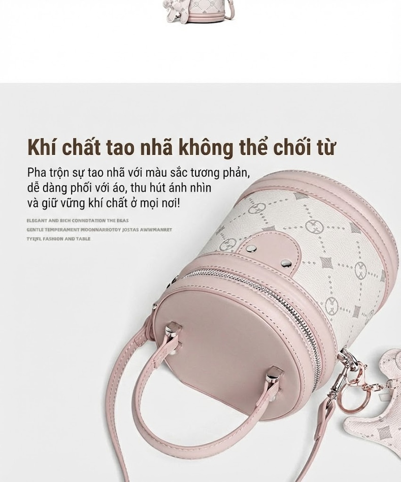 Túi Xách Tay Nữ Hình Trống Da Bóng Thời Trang Đeo Vai, Đeo Chéo Màu Trắng, Hồng chi tiết 3