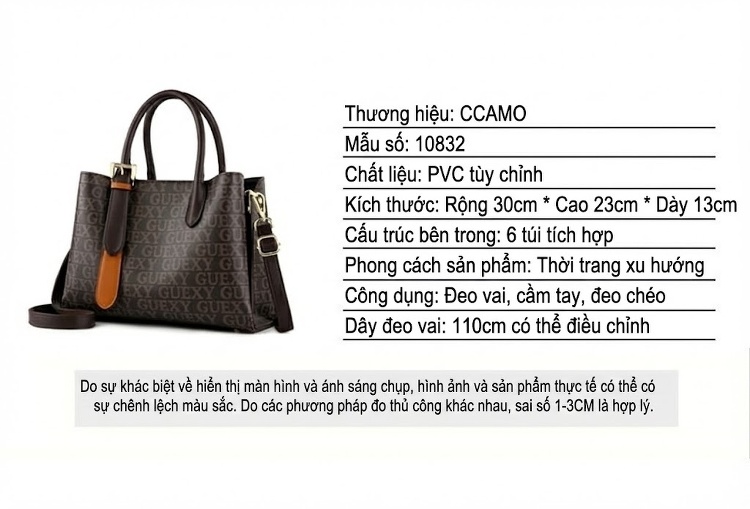 Túi Xách Tay Nữ Họa Tiết Chữ Lớn Đeo Vai Chất Liệu Da Bóng Size Lớn Màu Nâu chi tiết 6