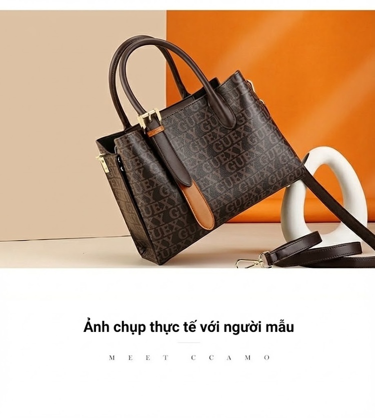 Túi Xách Tay Nữ Họa Tiết Chữ Lớn Đeo Vai Chất Liệu Da Bóng Size Lớn Màu Nâu chi tiết 8