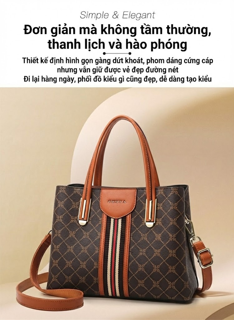 Túi Xách Tay Nữ Họa Tiết Chữ Lớn Sức Chứa Lớn Màu Nâu chi tiết 1