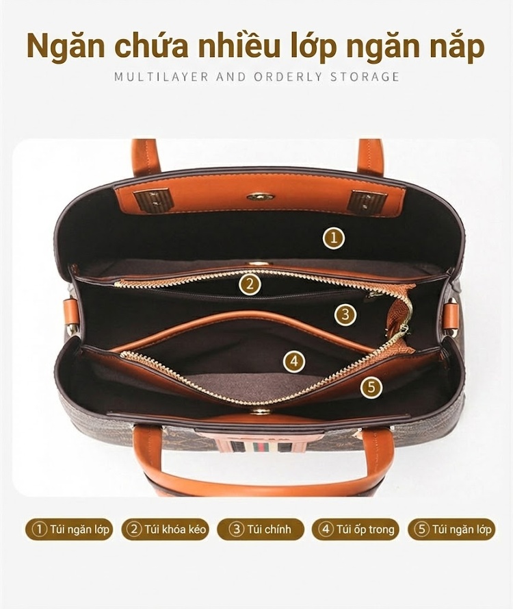 Túi Xách Tay Nữ Họa Tiết Chữ Lớn Sức Chứa Lớn Màu Nâu chi tiết 7