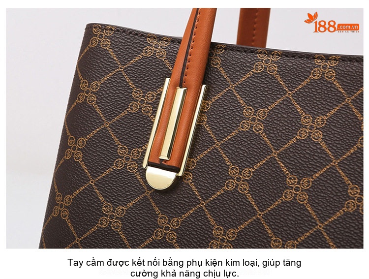Túi Xách Tay Nữ Họa Tiết Chữ Lớn Sức Chứa Lớn Màu Nâu chi tiết 22
